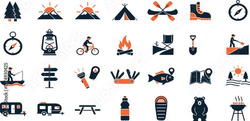 Camping, outdoor adventure icon set. Vector glyph pictograms of eco-tourism, tent, backpack, campfire, compass, kayak, hiking, travel, wilderness exploration black silhouette illustration