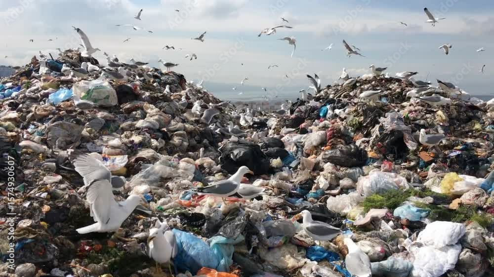 Seagulls scavenge for food atop a mountain of garbage