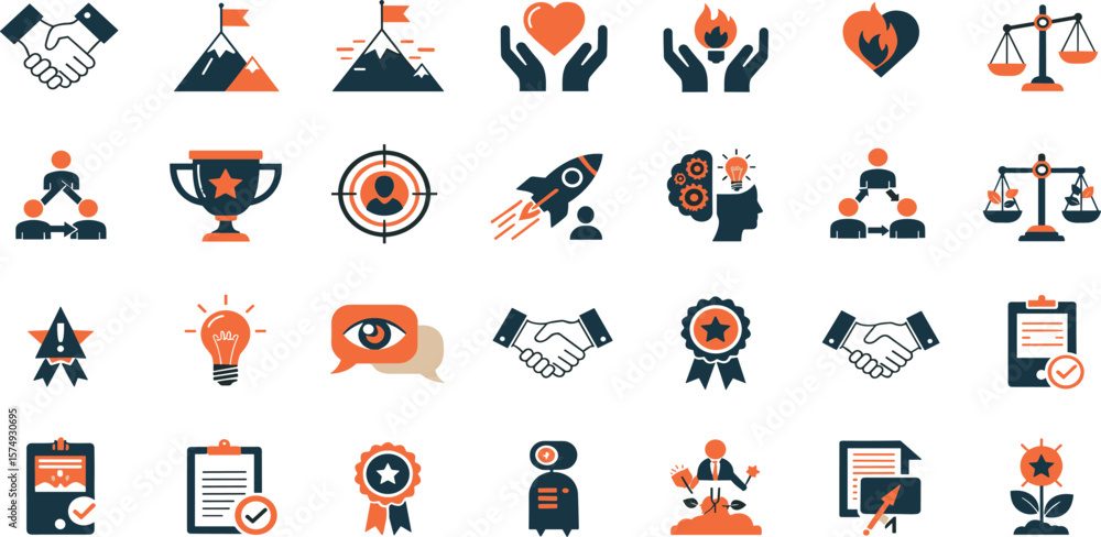 Fototapeta premium Core values line icon set. Vector pictograms of principles, business ethics, teamwork, leadership, diversity, integrity, trust, innovation, sustainability thin linear illustration