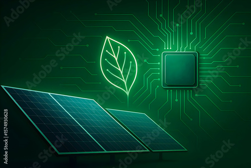 Green Tech Background with Solar Panels, Eco Circuit Patterns, and Futuristic Sustainability Energy Concept in Digital Style