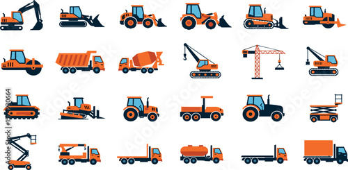 Construction vehicle line icon set. Vector pictograms of bulldozer, loader, grader, paver, roller, lowboy hauler, utility, concrete mixer, thin linear illustration