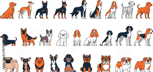 Dog Breeds line icon set. Vector pictograms of labrador, golden retriever, german shepherd, bulldog, beagle, poodle, dachshund, pug, shih tzu, maltese, yorkshire terrier thin linear illustration