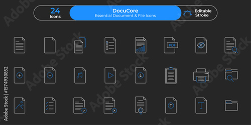 Outline document icon set with blue accents for digital file and data management, DocuCore File Icons, Minimal File Symbol Pack, Document UI Icons, Editable File Type Graphics
