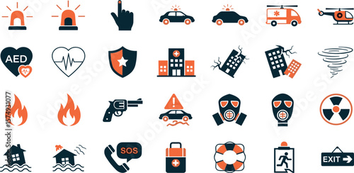 Emergency and safety icon set. Vector glyph pictograms of ambulance, fire, police, SOS, evacuation, natural disaster response, medical aid, law enforcement, black silhouette illustration