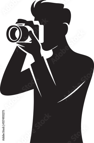 Photographer Silhouette Holding Camera Taking Pictures Black And White Minimalist Illustration Artistic Design Modern Vector Graphic Style Icon