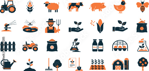 Farming, agriculture icon set. Vector glyph pictograms of tractor, barn, greenhouse, livestock, wheat, crop cultivation, livestock, and sustainable farm black silhouette illustration