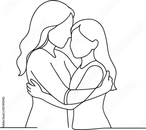 Mother and Daughter Hugging Together Family Love Line Drawing on White