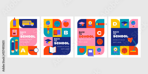 trendy minimalist back to school poster collection with flat education elements