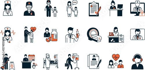 Healthcare professional line icons featuring doctors, nurses, patients, and medical services outline vector illustration set. Includes consultation, diagnostics, emergency care and telemedicine