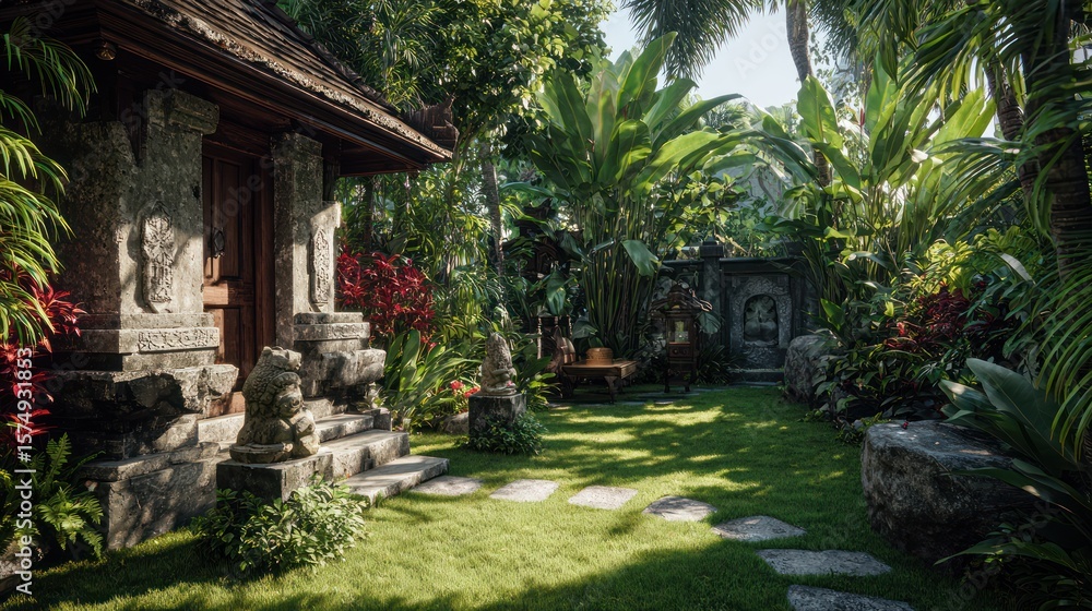 Idyllic tropical garden with stone architecture, lush greenery, and stepping stones Idyllic tropical garden with stone architecture, lush greenery, and stepping stones
