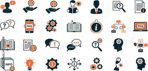  Information Knowledge Sharing line icon set. Vector pictograms of info, FAQ, manual, search, guidance, instruction thin linear illustration.