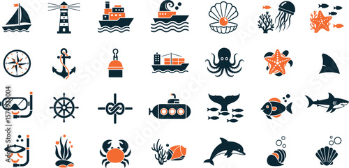 Marine Life, Nautical Elements line icon set. Vector pictograms of sea creatures, sailing, underwater exploration, sailboat, lighthouse, ship, anchor, compass, coral reef thin linear illustration