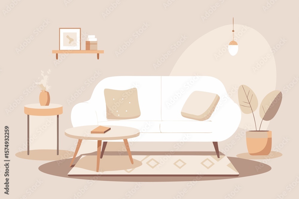 Fototapeta premium Minimalist Living Room Interior with Sofa Tables and Decorative Elements