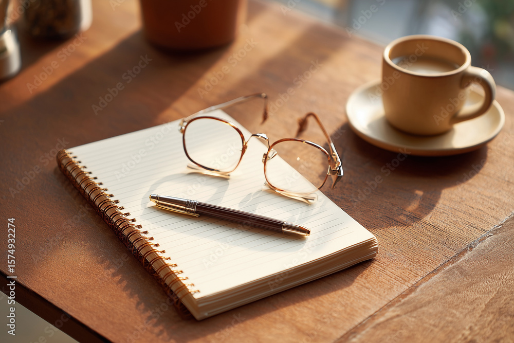 Notebook Mockup with Pen and Glasses on Wooden Table Notebook Mockup with Pen and Glasses on Wooden Table