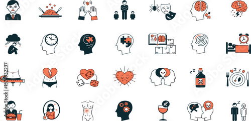 Mental Disorders line icon set. Vector pictograms of health conditions, anxiety, depression, ADHD, OCD, PTSD, autism spectrum, insomnia, phobias, borderline personality thin linear illustration.