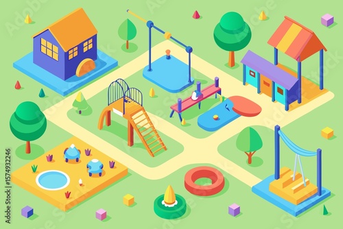 Isometric Playground Illustration with Colorful Play Structures and Green Spaces