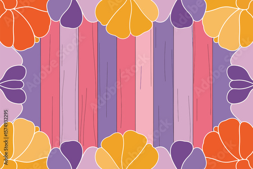 A floral frame with orange and yellow flowers surrounding pink and purple vertical stripes design art