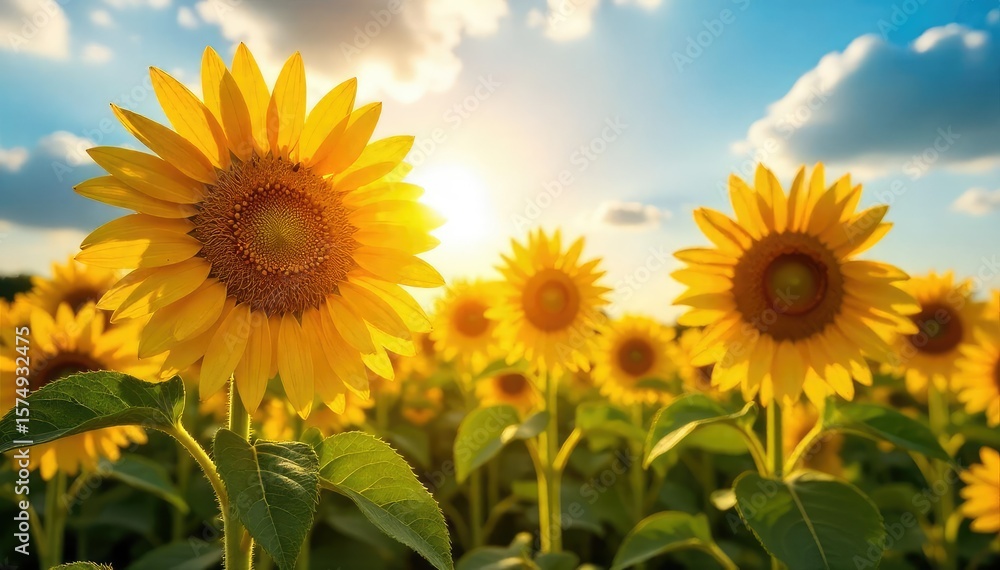 Fototapeta premium Vibrant sunflowers basking in the warm glow of summer sunlight, their faces turned towards the golden rays A breathtaking display of nature's beauty and the power of the sun , wallpaper, sunlight
