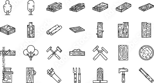 vector set of Wood icon set in thin line style
