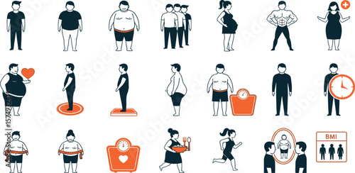 People body different weights line icon set. Vector pictograms of figure, scale, overweight, underweight, pregnant, BMI, health, thin linear illustration