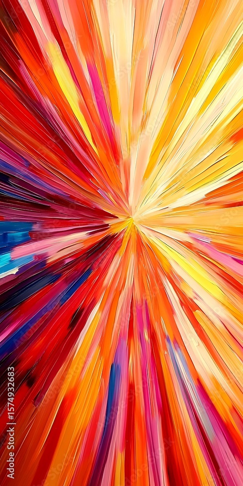 Obraz premium A canvas displays an abstract burst of bright colors radiating from a central point, evoking energy