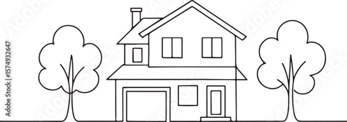 Two Storey Suburban House with Trees Real Estate Line Drawing on White