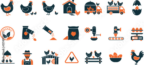 Poultry Farming line icon set. Vector pictograms of chicken, eggs incubator, henhouse, feeding equipment, free-range, rooster, agriculture, organic farm thin linear illustration