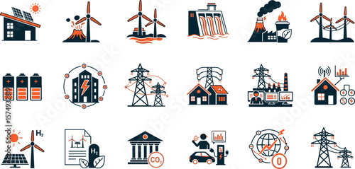 Renewable energy and low emission sustainable power system line icon set including solar, wind, hydrogen and EV charging. Clean energy generation and grid infrastructure vector illustration