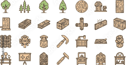 vector set of Wood icon set in thin line style
