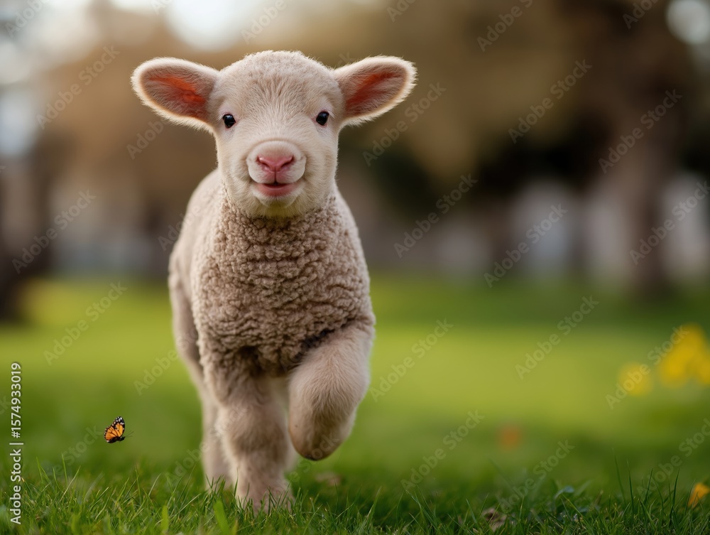 Fototapeta premium Adorable young lamb with fluffy wool running joyfully across a vibrant green meadow, surrounded by blooming flowers and soft sunlight, capturing the essence of rural life and nature's beauty
