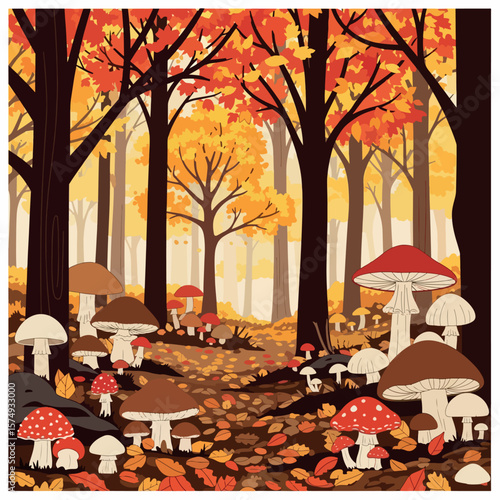 autumn, tree, landscape, nature, vector, illustration, leaf, season, fall, house, flower, farm, summer, forest, grass, plant, sky, cartoon, garden, spring, field, leaves, village, design, art