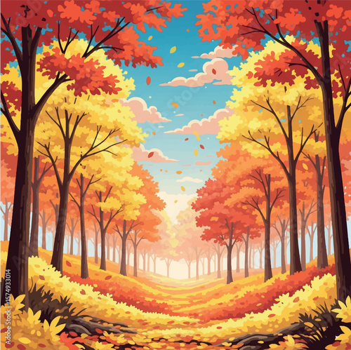 autumn, tree, landscape, nature, vector, illustration, leaf, season, fall, house, flower, farm, summer, forest, grass, plant, sky, cartoon, garden, spring, field, leaves, village, design, art