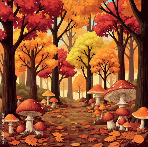 autumn, tree, landscape, nature, vector, illustration, leaf, season, fall, house, flower, farm, summer, forest, grass, plant, sky, cartoon, garden, spring, field, leaves, village, design, art