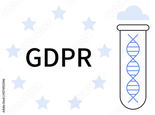 GDPR text centered among stars, DNA strand within test tube symbolizing privacy, data security, and genomics. Ideal for data privacy, DNA, law, healthcare research compliance technology. Simple