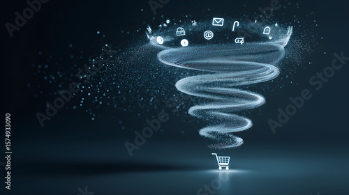 E-commerce Vortex: A swirling vortex of digital icons and data flows into a shopping cart, symbolizing the rapid and dynamic nature of online commerce. 