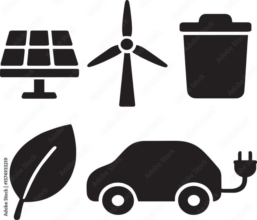Fototapeta premium Sustainable Energy Icons Featuring Electric Car and Renewable Sources