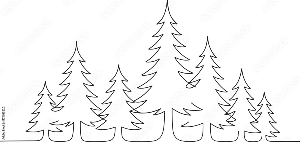 Obraz premium Pine Tree Forest One Line Drawing Nature Landscape Vector on White