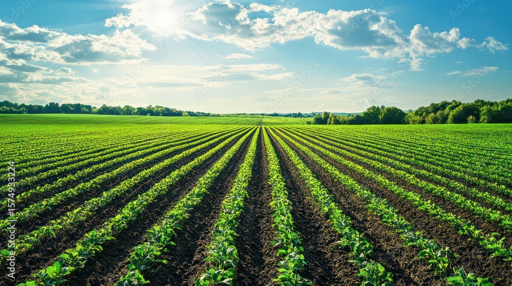 Lush Green Soybean Field Under Bright Sunny Sky with Cloudscape Lush Green Soybean Field Under Bright Sunny Sky with Cloudscape