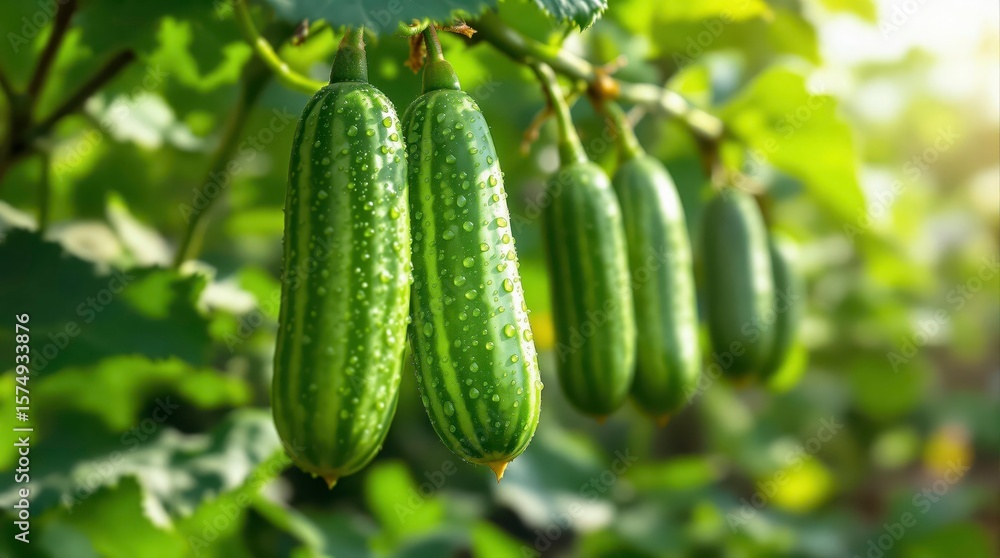 Fresh Cucumbers Growing on a Vine in a Lush Garden During Warm Daylight Hours Fresh Cucumbers Growing on a Vine in a Lush Garden During Warm Daylight Hours