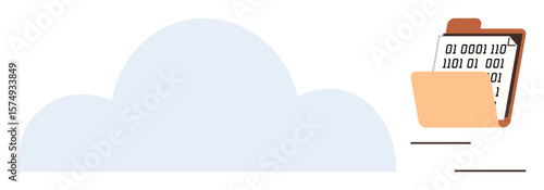 Cloud shape alongside an open folder containing binary data on a clipboard. Ideal for storage, technology, data management, computing, digital security, cloud computing, and file sharing. Simple flat