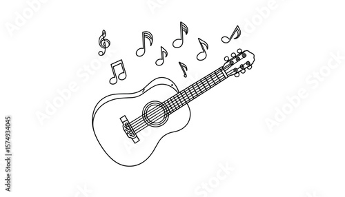 Acoustic guitar with musical notes creating a coloring page concept  