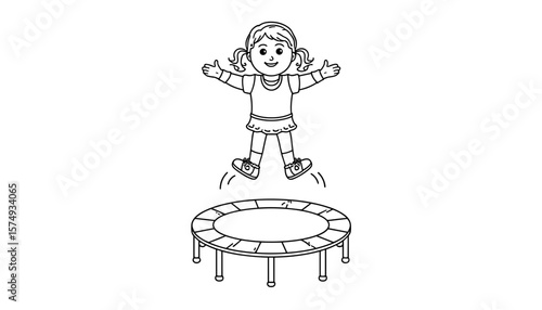 Young girl jumping joyfully on a trampoline - Concept of coloring page  