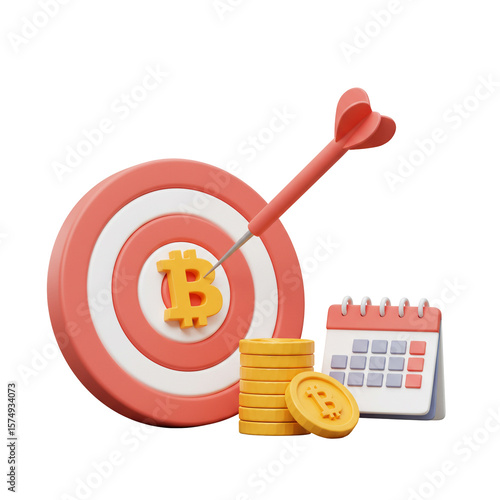 Bitcoin Target Goal Achieving with Calendar and Golden Coins Illustration