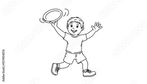 Young boy playing with frisbee and smiling in a fun coloring page  