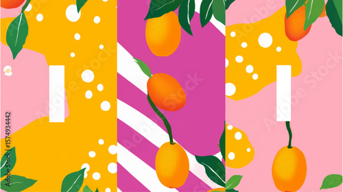 Colorful vector background, tropical fruit, trees, leaves and pattern. Banner, flyer flat modern illustration background.