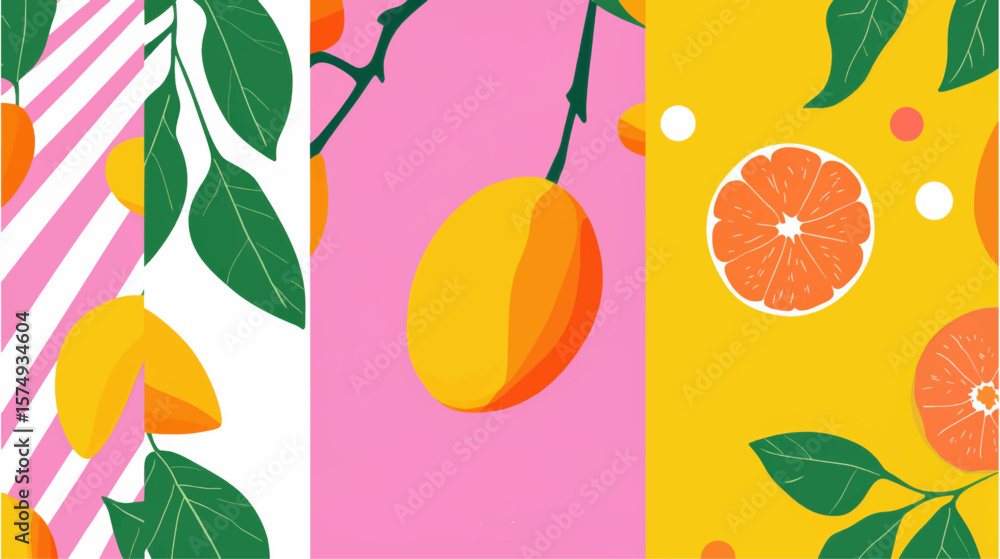 Fototapeta premium Colorful vector background, tropical fruit, trees, leaves and pattern. Banner, flyer flat modern illustration background.