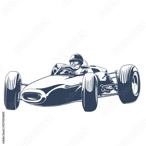 Retro formula racing car with driver in helmet and goggles, vector illustration of classic motorsport scene