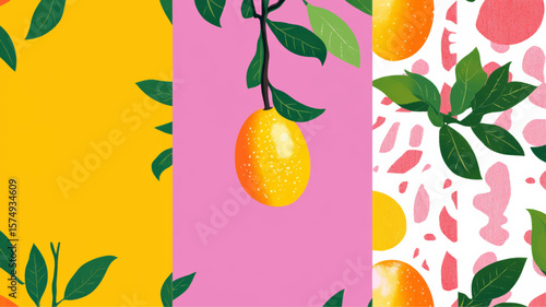 Colorful vector background, tropical fruit, trees, leaves and pattern. Banner, flyer flat modern illustration background.