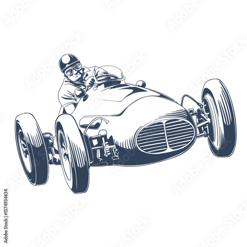 Vintage race car with driver wearing helmet and goggles in dynamic motion, classic motorsport vector illustration