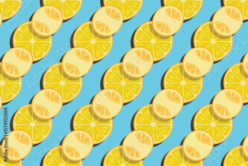 A repeating pattern of lemon slices and lemon halves on a light blue background diagonally arranged